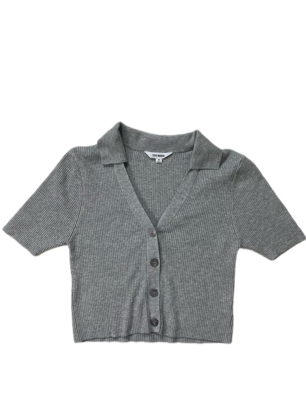 Steve Madden Cropped Knit Polo Top Gray Medium Ribbed Knit Button Front Top
